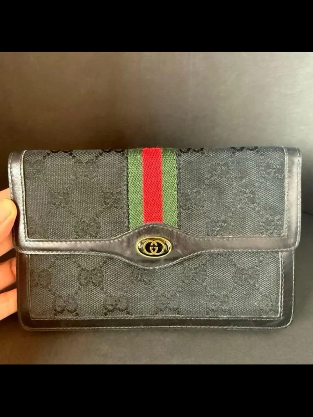 Gucci Black Canvas Clutch with Green and Red Web Stripe